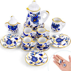 15 Pieces Miniature Porcelain Tea Cup Set Kitchen Miniature Porcelain Set Mini Flower Pattern Teapot Cup Plates Set Dollhouse Kitchen Accessories Set (Retro Flower Style)