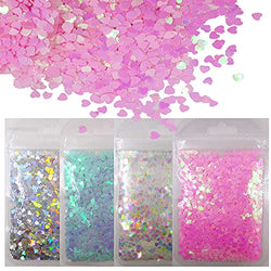 Lifextol 4Pack 40g Heart Shaped Glitter Flakes Mylar Iridescent Pink Makeup Nail Glitter Sequins Set Festival Body Craft Resin Supplies (Heart)