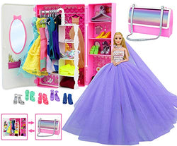 ZITA ELEMENT Doll Closet Wardrobe for 11.5 Inch Girl Doll Clothes and Accessories Storage - Lot 34 Items Including Handbag Style Closet, Dresses, Swimsuits, Shoes, Hangers and Necklaces
