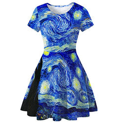 Plustrong Women's 3D Print Short Sleeve Casual Flared Midi Dress (Van Gogh 012, L)