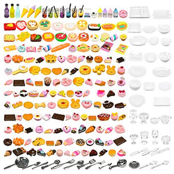 200pcs Miniature Landscape Food Drinks Bottle Mini Toys Doll House Kitchen Play Resin Dollhouse Accessories for Adults Teenagers Cooking Game Hamburger Ice Cream Cake Bread Tableware Party