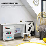 Folding Sewing Table, Sewing Machine Table with Storage Shelves, Adjustable Sewing Craft Cart with Hidden Bins Lockable Casters, Multifunctional Wood Sewing Cabinet Art Desk for Small Spaces, White