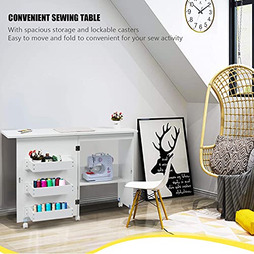 Costway White Folding Swing Craft Table Storage Shelves Cabinet