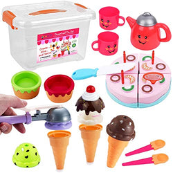 FUNERICA Pretend Play Food Dessert Set - Ice Cream - Happy Birthday Cake - Play Tea Set - with Beautiful Storage Box | Great for Any Toy Kitchen Set or for Birthday Party