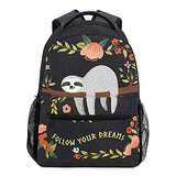 Wamika Funny Cute Sloth Tree Flowers Kids Backpack School Bookbags Daypack Bag Follow Yours Dreams Water Resistant, Sloth Cat Tropical Floral Bags Children Backpack for 1th- 6th Grade Girls Boys