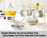 DUJUST Small Tea Set of 6, Cute and Delicate, Handcraft Gray Porcelain Tea Party Set, Tea Cup and Saucer Set with Warmer, 1 Pot(22oz), 6 Cups(4oz), 6 Saucers, China Tea Gift Set with Shelf - Gray
