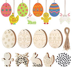 MIAHART 128 Pcs Easter Wood Ornaments Unfinished Easter Tags Eggs Bunny Chick Cutouts Slices with Strings for DIY Easter Crafts Easter Decorations