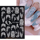 French Nail Art Sticker Decals 5D Embossed French Pattern Roses White Nail Art Accessories Self-Adhesive Nail Art Supplies Decoration Retro Classic Autumn Winter Acrylic Nails Design, 8 Sheets