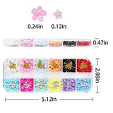 Dornail 12 Grids 3D Flower Nail Charms 12 Colors Acrylic Flowers Nail Rhinestones Mixed Cherry Blossom with Gold Silver Beads Nail Pearls Nail Art Accessories for DIY Nail Decorations