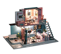 Flever Dollhouse Miniature DIY House Kit Creative Room with Furniture for Romantic Artwork Gift-Pink Cafe Plus Dust Proof Cover