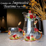 Fancy Flower Glass Tea Sets for Women, 10oz Fancy Coffee Mug Set of 2 with Spoons, Butterfly Floral Clear Teapot and Cup Sets for Adults, Gift for Women Mom Wife Tea Party Christmas