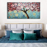 Modern Art 100% Hand Painted Framed Home Wall Decor Art Blooming Flower Tree Oil Painting Abstract Artwork Cherry Blossoms Pink Flowers Blue Teal Colourful Starry Night Sky Living Room Decoration