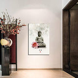 Looife Chinese Style Canvas Wall Art - 16x24 Inch Ink Painting Buddha Statue with Flower Picture Artwork Giclee Prints Wall Decor, Modern Gallery Wrapped Home Art Deco