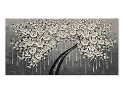 zoinart Abstract 3D Tree Oil Painting 24x48 inch 100% Hand Painted Blooming White Flower/Floral Grey Artwork Large Modern Canvas Paintings Wall Art Home Decorations for Living Room Bedroom Wall Decor