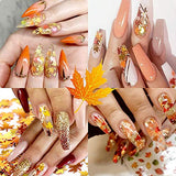 6 Grids 3D Fall Glitter Maple Leaf Nail Sequins Fall Nail Art Stickers Decals Holographic Autumn Glitter Gold Yellow Red Orange Thanksgiving Nail Decals Charms Confetti Glitter Nail Art Decorations