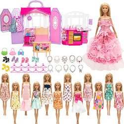 ONEST 82 Pieces Doll Holiday House Set for 11.5 Inch Girl Doll Includes Big Folding House, 15 Sets Handmade Doll Clothes, Trunk, Shoes, Necklaces, Bags, Hangers and Stickers