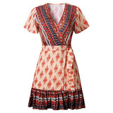 ZESICA Women’s Summer Wrap V Neck Bohemian Floral Print Ruffle Swing A Line Beach Mini Dress Orange