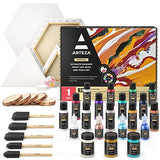 Arteza Acrylic Pouring Paint Kit, 36 Pieces, Bright and Iridescent Pouring Paint, Pearlized Paint, 3D Fabric Paint, Chunky Glitter, Wood Slices, Canvases, and Foam Brushes, Art Supplies for Painters