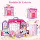 SUPER JOY Doll House Folding Dollhouse with 70+ Furniture Accessories, Portable Doll's House Playset with Carrying Handle Pretend Toy House Dream Gift for Girls