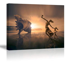 Tku's Dance Wall Art Mother and Daughter Dancing Statues on Seabeach by Conch Shell Painting Sunset Canvas Wall Decor Print Home Decoration for Bedroom (Waterproof, Ready to Hang)