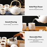 Dujust Japanese Tea Set, White Porcelain Tea Set with 1 Teapot Set, 6 Tea Cups, 1 Tea Tray, 1 Stainless Infuser, Cute Asian Tea Set for Tea Lover/Women/Men (Plum in Golden)
