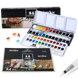 ARTIBOX Watercolor Paint Set, 24 Assorted Vibrant Colors in Half Pans, Professional Watercolor Set with Brush, 12 Watercolor Paper Sheet, Ideal for Artist and Professional Student
