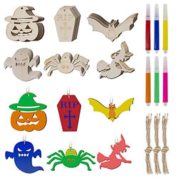 Huryfox Halloween Crafts for Kids - 60pcs Wood Slices Cutouts Halloween Ornament DIY Blank Cutout Decorations with Twine 6 Watercolor Pens Perfect for Kids Party Favors, Family Event Party Supplies