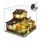 WYD 3D Wooden House Sakura Garden Japanese Assembled Doll House Kit with LED Light Miniature Furniture Kit for Family, Friends and Children