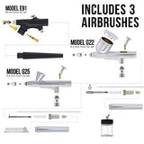 3 Airbrush Professional Master Airbrush Multi-Purpose Airbrushing System Kit - G22, G25, E91 Gravity & Siphon Feed Airbrushes, Hose, Air Compressor, Airbrush Holder - How-to-Airbrush Guide Booklet