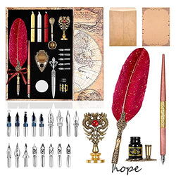 AIYNC Wax Seal Stamp Kit,Feather Pen Ink Set Includes Quill Pen and wooden dip pen,Ink,17 Replacement Nib,Pen Base,3 Wax Seal Sticks,Stamp,White Wax, Spoon,Envelope Letter Paper,envelope tool (Red)