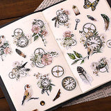 Watercolor Vintage Retro Flower Bird Clock Botanical Planner Stickers Decal, Decorative Scrapbooking Embellishment Supplies, Adhesive Art Craft Gift for Journal, Diary, Notebook, Calender, Card Making