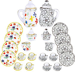 30 Pieces Miniature Porcelain Tea Cup Set Flower Pattern Teapot Cup Plates Set Plum Blossom Porcelain Accessories Dollhouse Kitchen Accessories Set