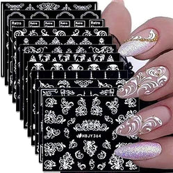 White Flowers Nail Stickers 3D Lace Flowers Nail Stickers Retro Lace Flower Nail Art Supplies Leaf Vine Geometric Self Adhesive Floral Nail Decals Wedding Nail Designs for Women Manicure Decorations