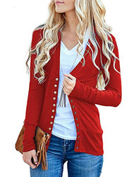 Traleubie Women's Long Sleeve V-Neck Button Down Knit Open Front Cardigan Sweater Red M