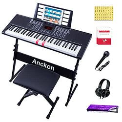 Anckon 61 Key Keyboard Piano Portable Electronic Kit, Pop Piano App,Teaching Modes,Keyboard Stand,Piano Bench,Headphones,Microphone&Keynote Stickers,for Beginners,Black