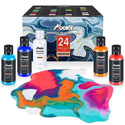 Acrylic Pouring Paint, 2oz Bottles, Set of 24 Assorted Colors and Silicone Oil, Pre-Mixed, High Flow, Paint for Pouring on Canvas, Glass, Paper, Wood, Tile, Stones and More