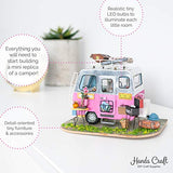 Hands Craft DIY Miniature Dollhouse Kit | 3D Model Craft Kit | Laser Cut Pieces | LED Lights | 1:24 Scale | Adult Teen | Happy Camper, 86 pcs.