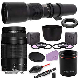 Canon EF 75-300mm f/4-5.6 III Lens + 500mm (with 2X 1000mm) f/8.0 Preset MF Lens Bundle with HD Filters, Lens Hood (PZ ET-60) for Canon EF/EF-S DSLR Cameras Including T6, T7, T7i, 6D II, 5D IV & More