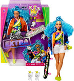 Barbie Extra Doll #4, Curvy, in Zippered Bomber Jacket with 2 Pet Kittens, Blue Curly Hair, Outfit & Accessories Including Skateboard, Multiple Flexible Joints, Gift for Kids 3 Years Old & Up