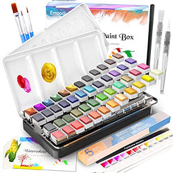 Watercolor Paint Set, Emooqi 42 Premium Colors + 6 Metallic Colors Pigment+ 2 Hook Line Pen+ 3 Water Brushes +20 Sheets of Water Color Paper, Richly Pigmented Portable Painting Art Painting
