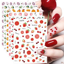 JMEOWIO 12 Sheets Fruit Nail Art Stickers Decals Self-Adhesive Pegatinas Uñas Strawberry Watermelon Lemon Nail Supplies Nail Art Design Decoration Accessories
