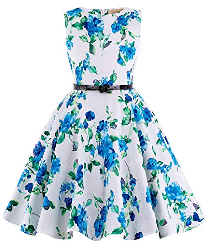 Blue Floral Vintage Wiggle Girl's Sleeveless Casual Party Dresses 11~12Yrs K250-3