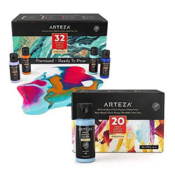Arteza Acrylic Pouring Paint Set of 32 and Craft Acrylic Paint Set of 20 Bundle for Paint on Wood, Stones, Ceramics, Fabrics, Painting Art Supplies for Artist, Hobby Painters & Beginners