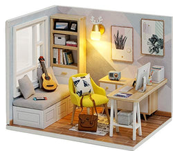 DIY Doll Room Miniature Furniture Wooden House Kit - Wooden Dolls House Kit with Dust Cover and Accessories - QT Sunshine Study House-for Idea Suitable & Family and Children