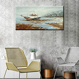 100% Hand Painted 3D Paintings Wall Art Grey Abstract Seascape Painting Large Size Picture, Modern Landscape Sail Boat in Ocean Artwork Framed for Living Room Bedroom Home Office Decor (24x48inch)