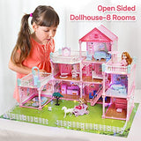 Cute Stone Dollhouse, Doll Dream House with Flashing Lights, Pretend Play Toddler Dollhouse Sets with 2 Dolls, Furniture, 8 Rooms and Doll Accessories, Creative Gift for Girls, L32 xH23