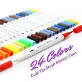 24 Colors Calligraphy Brush Marker Pens, Dual Tip Colored Art Marker, Writing Pens, Fineliner Felt Tip Water Color Drawing Paintbrush Highlighters Coloring Books