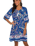 Women's Summer Casual Bohemian Neck Tie Vintage Printed Ethnic Tunic Boho Dress (Light Blue,M)