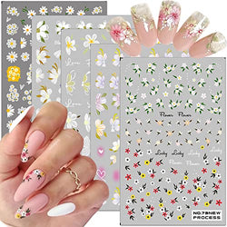 5 Sheets Flower Nail Art Stickers Decals 3D Colorful Spring Nail Art Supplies Self-Adhesive Small Daisy Nail Decals Summer Floral Nail Design Stickers for Women DIY Manicure Decorations Charms