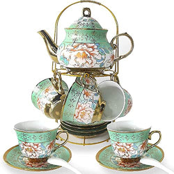 DaGiBayCn 20 Piece European Ceramic Tea Sets,Bone China Coffee Set with Metal Holder，Tea Cup and Tea Set,600ML/Pot,160ML/Cup. (Green)